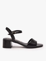 Czarne sandały na obcasie. Czarne sandały Ryłko, bez wzorów, ze skóry, eleganckie, z okrągłym noskiem, bez obcasa, na obcasie, bez zapięcia. Za 379.99 zł.