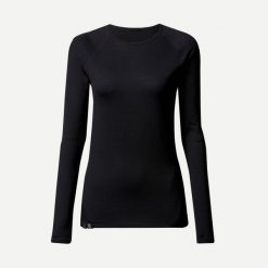 Koszulka z długim rękawem damska Forclaz MT500 merino. Czarne bluzki FORCLAZ, l, bez wzorów, z materiału, sportowe, bez kołnierzyka, bez ramiączek. Za 229.99 zł.