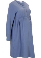Sukienka ciążowa i do karmienia z muślinu. Niebieskie sukienki bonprix, bez wzorów, bez kołnierzyka, moda ciążowa, bez ramiączek. Za 129.99 zł.