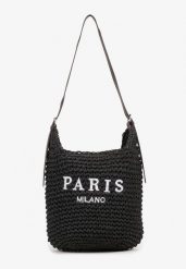 Czarna Pleciona Torebka Plażowa Shopper na Długim Pasku z Napisem Galenitia. Czarne shopper Born2be, bez wzorów, bez dodatków. Za 84.99 zł.
