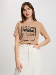 Cross Jeans Koszulka w kolorze beżowym rozmiar: S. Brązowe bluzki Cross Jeans, s, bez wzorów, z jeansu, bez kołnierzyka, bez ramiączek. Za 52.67 zł.