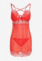 Czerwona Koszula Nocna z Ozdobną Koronką i Stringami Ruscus. Czerwone koszule nocne Renee, m, bez wzorów, z koronki, bez ramiączek. Za 44.99 zł.