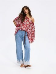 Jeansy wide leg z koronką - niebieski. Niebieskie jeansy Reserved, l, bez wzorów. Za 239.99 zł.