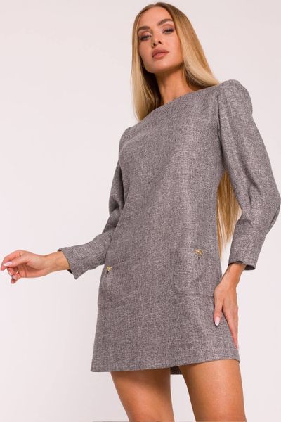 Elegancka sukienka tweedowa trapezowa mini szara. Szare sukienki MOE, do pracy, m, bez wzorów, z dzianiny, biznesowe, bez kołnierzyka, bez ramiączek, mini, dopasowane. Za 349.00 zł.