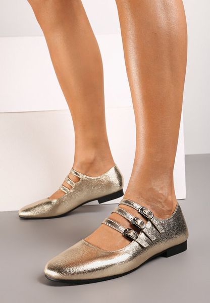 Złote Balerinki ze Skórzaną Wkładką Ozdobione Paseczkami z Klamerkami Vaideline. Żółte baleriny Born2be, bez wzorów, bez obcasa, na obcasie. Za 59.99 zł.