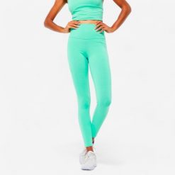 Legginsy fitness damskie Domyos 520. Zielone legginsy DOMYOS, l, bez wzorów, z bawełny, z podwyższonym stanem, długie. Za 69.99 zł.