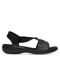 Sandały Rieker. Czarne sandały Rieker, bez wzorów, bez obcasa, na płaskiej podeszwie, bez zapięcia. Za 289.99 zł.