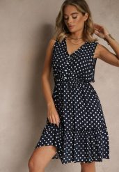 Granatowa Rozkloszowana Sukienka z Bawełną i Wiskozą ze Wzorem Kropek Lilamora. Niebieskie sukienki Renee, na co dzień, na lato, m, bez wzorów, z bawełny, eleganckie, bez kołnierzyka, bez ramiączek, mini, kopertowe. Za 44.99 zł.