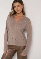 Beżowy Rozpinany Kardigan w Kropki Tusvanea. Brązowe kardigany Born2be, l, bez wzorów, z jeansu. Za 79.99 zł.