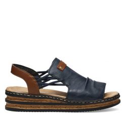 Sandały Rieker. Niebieskie sandały Rieker, bez wzorów, bez obcasa, na koturnie, bez zapięcia. Za 259.99 zł.