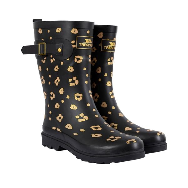 Kalosze Damskie Celeste Z Nadrukiem. Czarne kalosze Trespass, bez wzorów, z gumy, przed kolano. Za 272.99 zł.