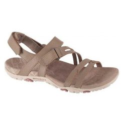 Sandały Damskie Sandspur Rose Leather. Brązowe sandały Merrell, bez wzorów, z gumy, z otwartym noskiem, bez obcasa, bez zapięcia. Za 490.99 zł.
