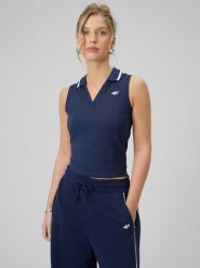 4F Top slim z kołnierzykiem damski - granatowy XL. Niebieskie koszulki sportowe 4f, bez wzorów, bez ramiączek, tenisowe. Za 79.99 zł.