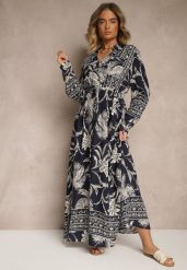 Niebieska Sukienka z Koszulową Górą i Egzotycznym Printem z Wiskozy Meriviona. Niebieskie sukienki Renee, na co dzień, na lato, l, bez wzorów, z materiału, eleganckie, bez kołnierzyka, bez ramiączek, maxi, koszulowe. Za 109.99 zł.