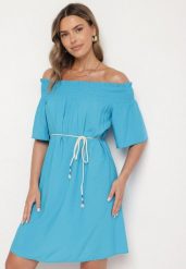 Niebieska Sukienka z Wiskozą Bawełną Hiszpańskim Dekoltem i Sznurkiem Lilarenne. Niebieskie sukienki Born2be, na co dzień, na lato, m, bez wzorów, z bawełny, eleganckie, bez kołnierzyka, bez ramiączek, mini. Za 39.99 zł.