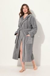 Damskie Szlafrok kaptur pasek trapezowy fason frotte. Szare szlafroki Ulla Popken, plus size, bez wzorów, z bawełny, plus size, bez ramiączek, bez kaptura. Za 349.99 zł.