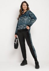 Niebiesko-Czarny Welurowy Komplet Dresowy w Panterkę Bluza i Spodnie z Lampasami Avathirae. Niebieskie bluzy Born2be, uniwersalny, bez wzorów, z dresówki, bez kaptura. Za 129.99 zł.