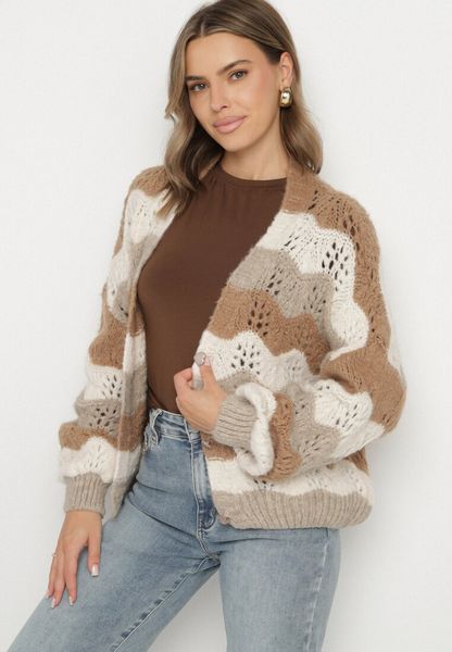 Beżowo-Brązowy Kardigan w Ażurowy Wzór z Dodatkiem Wełny i Wiskozy Esilla. Brązowe kardigany Born2be, w ażurowe wzory, z dzianiny. Za 169.99 zł.