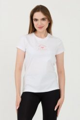 EMPORIO ARMANI Biały damski t-shirt Uni Logo Printe, Rozmiar XS. Białe t-shirty Emporio Armani, xs, bez wzorów, bez kołnierzyka, bez ramiączek. W wyprzedaży za 159.99 zł.