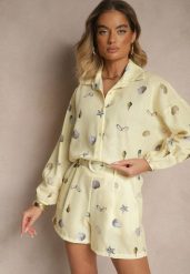 Żółty Komplet z Wiskozą Koszula i Szorty w Morski Print Reisoria. Żółte koszule Renee, m, bez wzorów, z materiału, eleganckie, bez kołnierzyka, bez ramiączek. Za 129.99 zł.