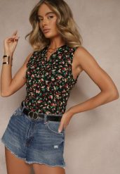 Czarna Wiskozowa Koszula w Kwiaty bez Rękawów Sarionna. Czarne koszule Renee, l, bez wzorów, z wiskozy, eleganckie, bez kołnierzyka, bez ramiączek. Za 44.99 zł.