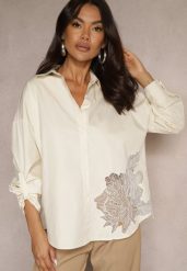 Ciemnobeżowa Koszula z Bawełny Ozdobiona Ażurową Wstawką Donivessa. Brązowe koszule Renee, l, w ażurowe wzory, z bawełny, eleganckie, bez kołnierzyka, bez ramiączek. Za 59.99 zł.