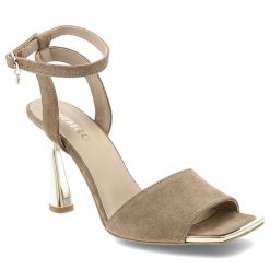 Sandały damskie Chebello, cholewka ze skóry naturalnej zamszowej pasek wokół kostki z regulacją na klamrę na szpilce, beżowe, 5060_-084-000-PSK-S135. Brązowe sandały CheBello, bez wzorów, ze skóry, bez obcasa, na obcasie, bez zapięcia. Za 549.00 zł.