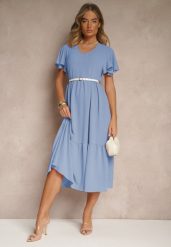 Jasnoniebieska Rozkloszowana Sukienka z Wiskozą w Casualowym Stylu Filarenna. Niebieskie sukienki Renee, na co dzień, l, bez wzorów, z wiskozy, eleganckie, bez kołnierzyka, bez ramiączek, midi, rozkloszowane. Za 54.99 zł.
