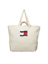 Tommy Jeans Torebka Tjw Wave Flag Med Tote AW0AW18466 Beżowy. Brązowe shopper Tommy Jeans, bez wzorów, z jeansu, bez dodatków. Za 409.99 zł.