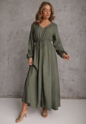 Zielona Sukienka z Lnem i Wiskozą o Rozkloszowanym Kroju z Ozdobnymi Guzikami Maitena. Zielone sukienki Renee, na co dzień, l, bez wzorów, z wiskozy, eleganckie, bez kołnierzyka, bez ramiączek, maxi, rozkloszowane. Za 209.99 zł.