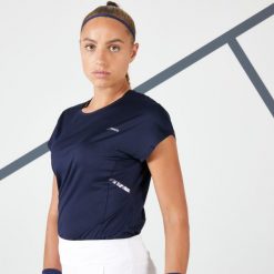 Koszulka tenisowa z okrągłym dekoltem damska Artengo Soft Dry 500. Niebieskie bluzki ARTENGO, xs, bez wzorów, z elastanu, sportowe, bez kołnierzyka, bez ramiączek. Za 59.99 zł.