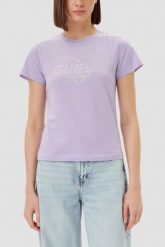 GUESS Lawendowy damski t-shirt bawełniany Narciso, Rozmiar XS. Fioletowe t-shirty Guess, s, z aplikacjami, z bawełny, bez kołnierzyka, bez ramiączek. W wyprzedaży za 89.99 zł.