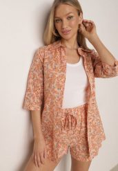 Pomarańczowy Bawełniany Komplet w Kwiaty Koszula i Szorty Aelryn. Brązowe koszule Born2be, m, bez wzorów, z bawełny, biznesowe, bez kołnierzyka, bez ramiączek. Za 169.99 zł.