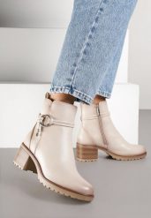 Beżowe Botki na Słupku z Aplikacją przy Cholewce Tulonisse. Brązowe botki Born2be, z aplikacjami, z dzianiny, bez obcasa, na obcasie, bez zapięcia. Za 199.99 zł.