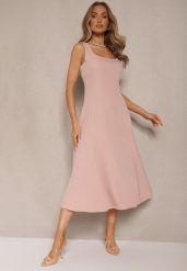 Różowa Rozkloszowana Sukienka w Klasycznym Stylu Deslene. Czerwone sukienki Renee, na co dzień, l, bez wzorów, eleganckie, bez kołnierzyka, bez ramiączek, midi, proste. Za 69.99 zł.