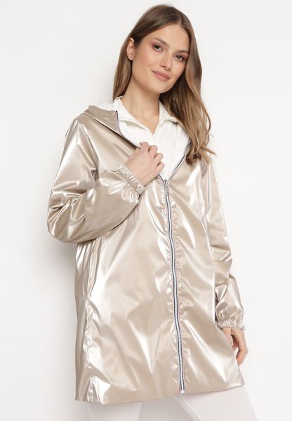 Biała Kurtka Dwustronna z Nieodpinanym Kapturem i Metalicznym Efektem Lirednil. Białe kurtki Born2be, l, bez wzorów. Za 99.99 zł.