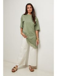 Le Monde du Lin Tunika w kolorze zielonym rozmiar: 34/36. Zielone tuniki Le Monde du Lin, bez wzorów, z bawełny, z asymetrycznym kołnierzem, bez ramiączek. Za 100.99 zł.