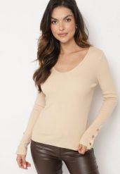 Jasnobeżowy Sweter z Dekoltem V i Ozdobnymi Guzikami na Rękawach Atterisa. Brązowe swetry Born2be, m, bez wzorów, z jeansu, bez ramiączek. Za 79.99 zł.