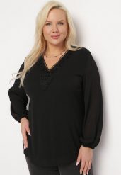 Czarna Bluzka z Długim Rękawem Ozdobiona Koronką i Koralikami Virlea. Czarne bluzki Born2be, xl, bez wzorów, z koronki, eleganckie, bez kołnierzyka, bez ramiączek. W wyprzedaży za 67.99 zł.