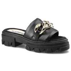 Czarne Klapki Karino Damskie Stylowe Buty. Czarne klapki Karino, bez wzorów, z materiału, bez obcasa, na płaskiej podeszwie. Za 225.00 zł.