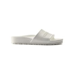Klapki damskie Birkenstock Barbados. Białe klapki Birkenstock, bez wzorów, bez obcasa. W wyprzedaży za 181.70 zł.