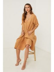 Fleur de Lin Sukienka w kolorze pomarańczowym rozmiar: L. Pomarańczowe sukienki Fleur de Lin, l, bez wzorów, ze lnu, bez kołnierzyka, bez ramiączek, midi. Za 194.95 zł.