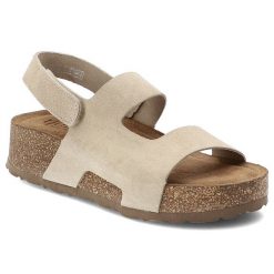 Sandały damskie Yokono, cholewka ze skóry naturalnej zamszowej z szerokimi paskami z zapięciem na rzep, beżowe, Wiwi-261 Ser Crudo. Brązowe sandały Yokono, bez wzorów, ze skóry, bez obcasa, na platformie, bez zapięcia. Za 249.00 zł.