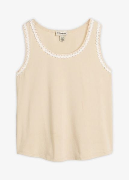 Tank top z dodatkiem jedwabiu. Brązowe topy bonprix, bez wzorów, z koronki, bez kołnierzyka, bez ramiączek. Za 69.99 zł.