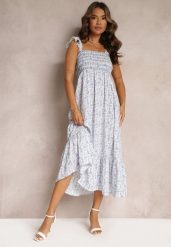 Niebieska Maxi Sukienka Rozkloszowana na Ramiączkach z Falbankami Azah. Niebieskie sukienki Renee, l, bez wzorów, bez kołnierzyka, bez ramiączek, maxi, rozkloszowane. Za 89.99 zł.