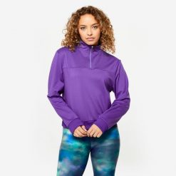 Bluza damska Domyos fitness. Fioletowe bluzy DOMYOS, l, bez wzorów, z elastanu, bez kaptura. W wyprzedaży za 44.99 zł.