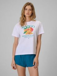 4F T-shirt loose z nadrukiem damski - biały L. Białe t-shirty 4f, l, bez wzorów, z bawełny, bez kołnierzyka, bez ramiączek. Za 69.99 zł.