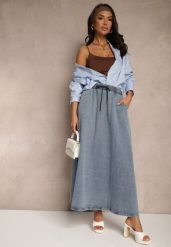 Niebieska Rozkloszowana Spódnica z Bawełny Ozdobiona Wiązaniem Canilra. Niebieskie spódnice Renee, na spotkanie biznesowe, m, bez wzorów, z bawełny, eleganckie, maxi, rozkloszowane. Za 139.99 zł.