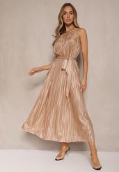 Ciemnobeżowa Sukienka Plisowana z Paskiem w Talii na Cienkich Ramiączkach Wasea. Brązowe sukienki Renee, na co dzień, m, bez wzorów, z jeansu, eleganckie, bez kołnierzyka, bez ramiączek, midi, plisowane. Za 69.99 zł.