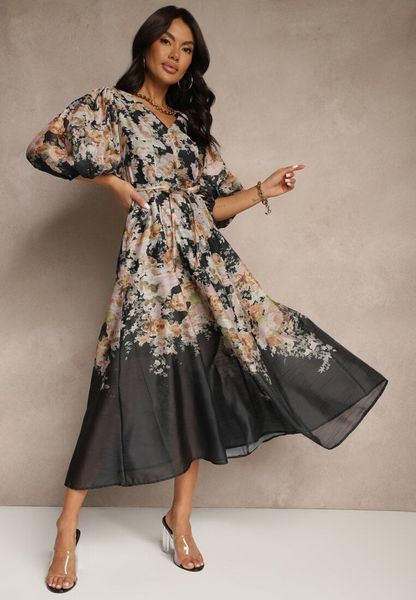 Czarna Rozkloszowana Sukienka z Wiskozy w Kwiatowy Wzór z Wiązaniem Redilina. Czarne sukienki Renee, na imprezę, m, bez wzorów, z wiskozy, eleganckie, bez kołnierzyka, bez ramiączek, maxi, rozkloszowane. Za 219.99 zł.